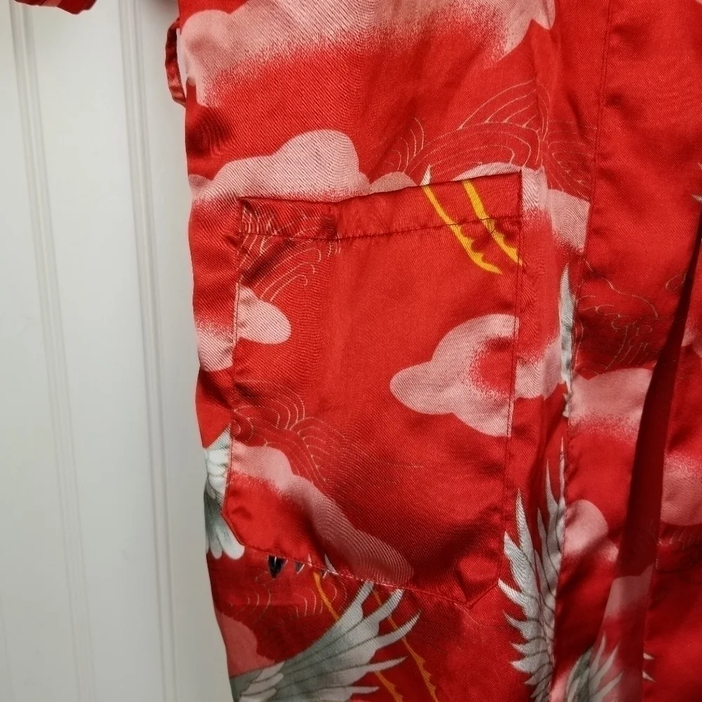 Vintage Kimono Robe Jacket Asian Bird Print Shiny Red White Clouds Missing Belt